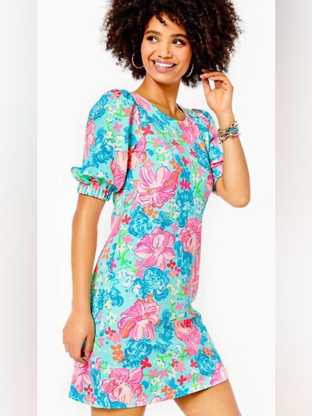 🆕 Lilly Pulitzer Cayce Surf Blue Luscious Lions Puff Sleeve Dress NWT SZ MED